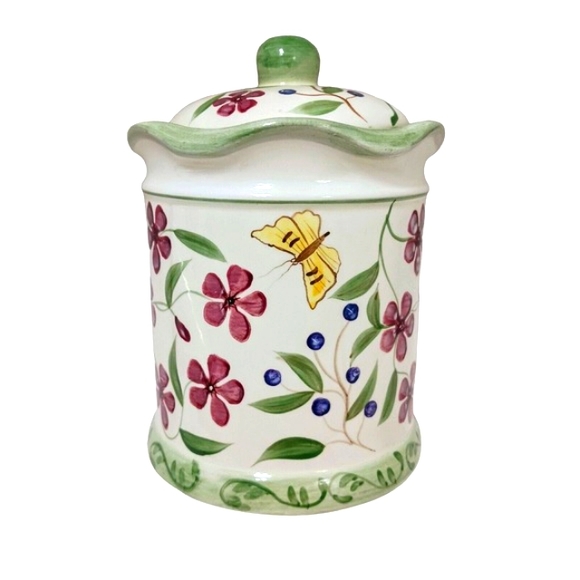 Vntg Hand Painted Ceramic Canister w Lid Butterfly Berries Flowers WHITE GREEN - Picture 1 of 16